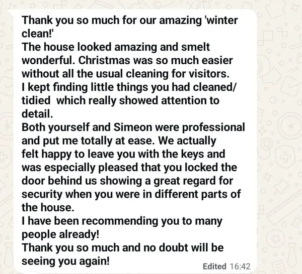 Real client WhatsApp message thanking JTTW for a winter clean