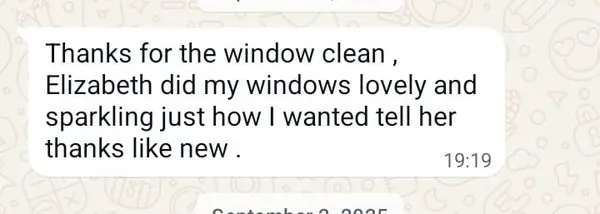 Real client WhatsApp message thanking JTTW for a window clean
