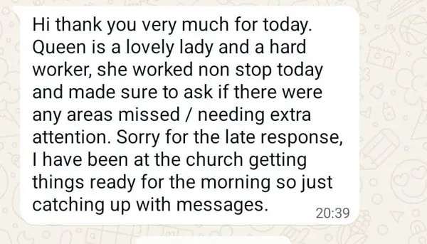 Real client WhatsApp message praising JTTW cleaner Queen's work