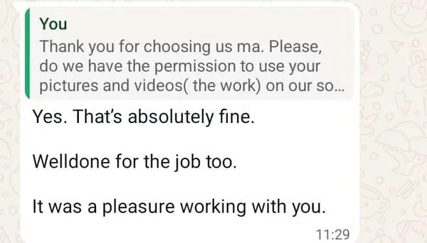 Real client WhatsApp message thanking JTTW for a good job