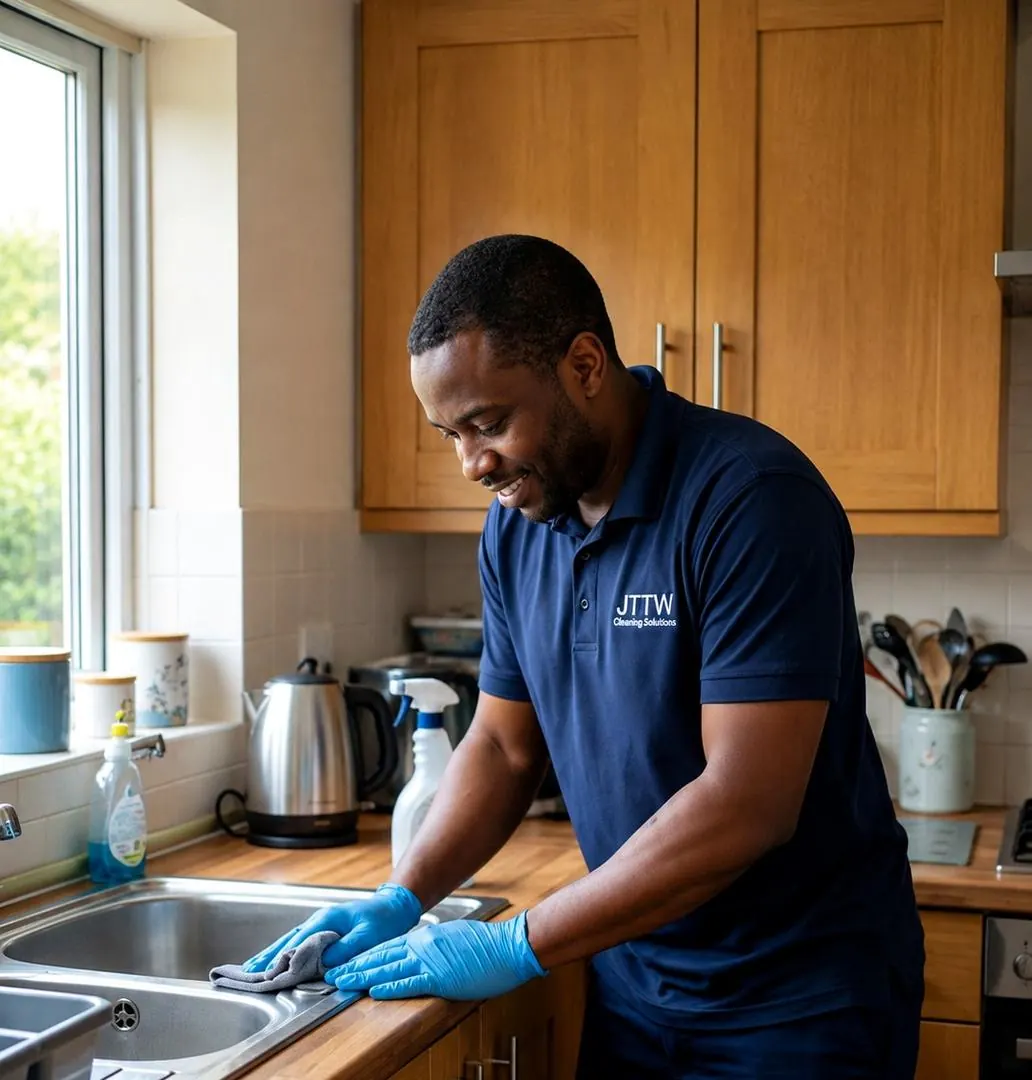 A JTTW cleaner in branded uniform cleaning a client kitchen sink